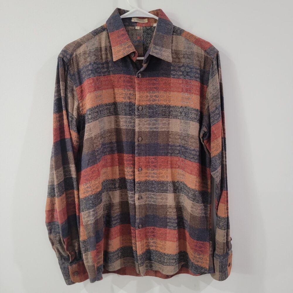 Vintage Mens Button Up Shirt Size Medium Two Ply‎ Cotton Striped 3D Knit 90S